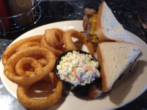 Coleslaw seems canned, onion rings are pretty good, but that is most definitely not Texas toast